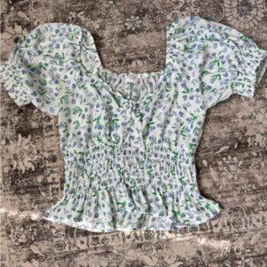 Sienna Sky Smocked Puff Sleeve Blouse in Blue, Green and White